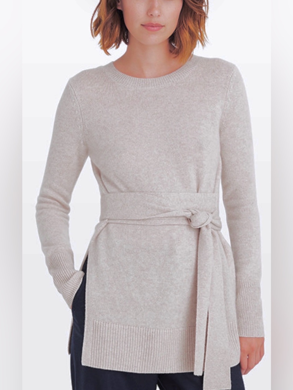 100% Cashmere CLUB MONACO XS/S Sweater Knit Tie-Waist ECRU BEIGE Side slits